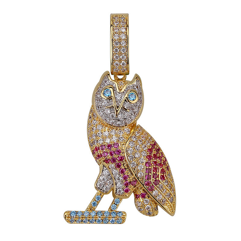 Owl owl pendant, European and American INS explosion full of zircon color hip-hop necklace accessories