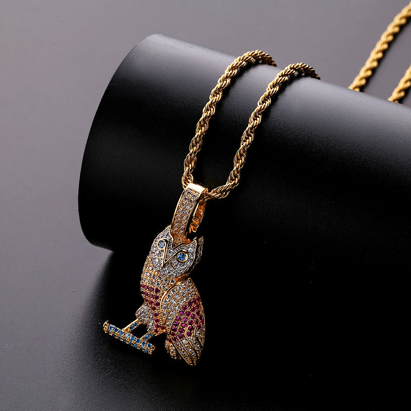 Owl owl pendant, European and American INS explosion full of zircon color hip-hop necklace accessories
