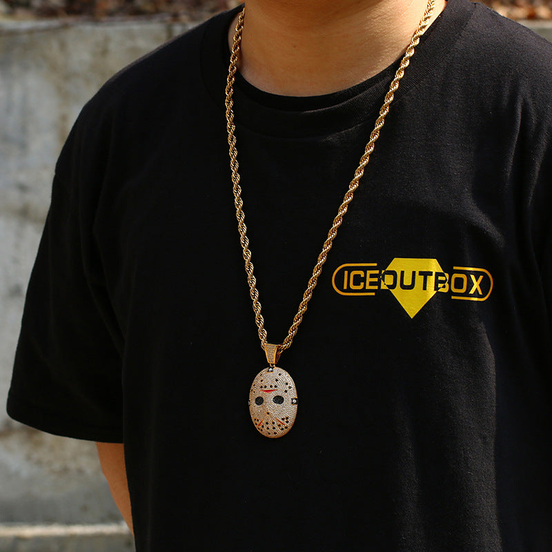 Cross-border Amazon hip-hop high-quality micro-inlaid zircon solid chainsaw horror mask pendant trend necklace jewelry