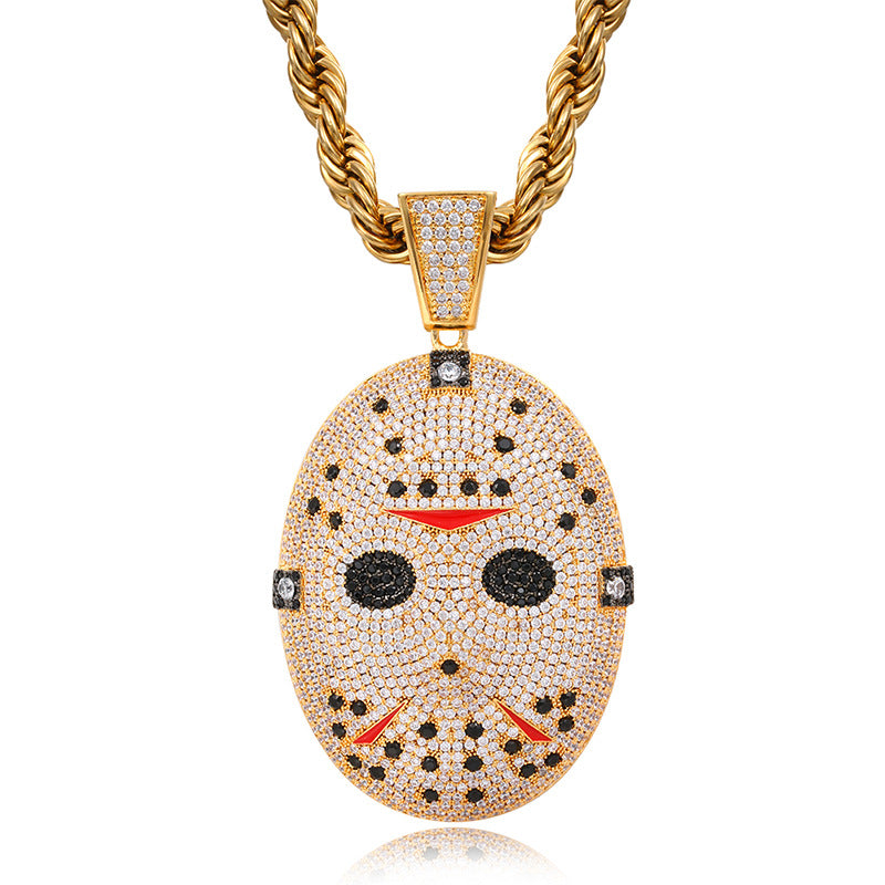 Cross-border Amazon hip-hop high-quality micro-inlaid zircon solid chainsaw horror mask pendant trend necklace jewelry