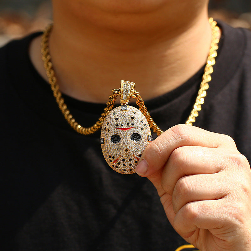 Cross-border Amazon hip-hop high-quality micro-inlaid zircon solid chainsaw horror mask pendant trend necklace jewelry