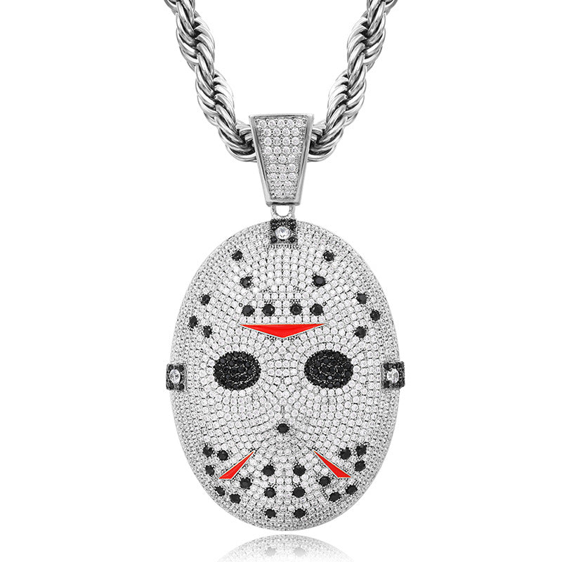 Cross-border Amazon hip-hop high-quality micro-inlaid zircon solid chainsaw horror mask pendant trend necklace jewelry
