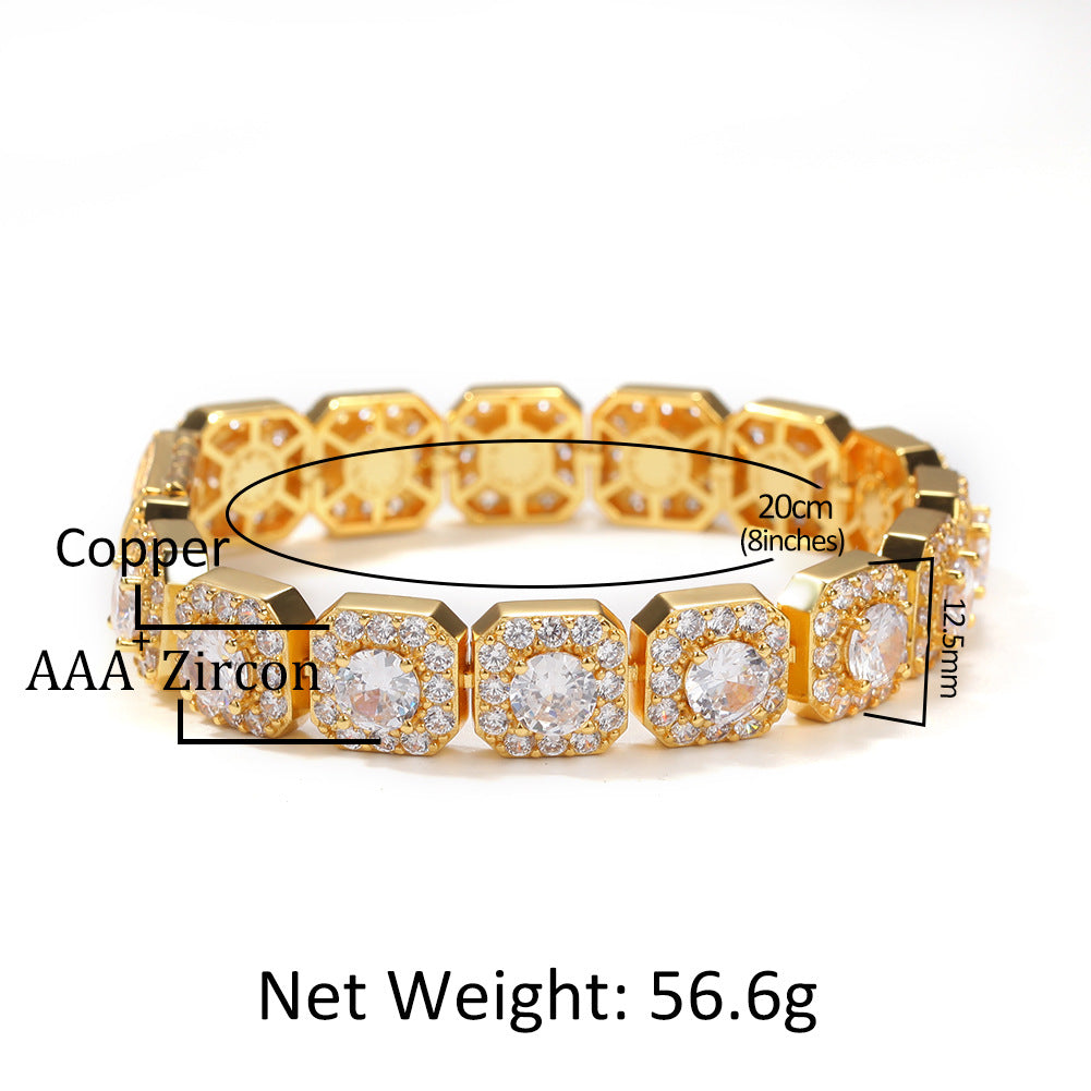 European and American hip hop bracelet high quality micro-inlaid zircon geometric 12.5mm rock sugar bracelet trend hiphop accessories