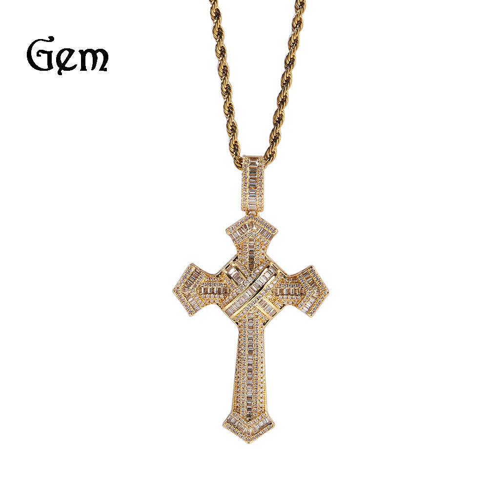 European and American hip-hop trendy brand cross pendant, copper inlaid zircon trendy men's necklace, simple personality cross-border jewelry