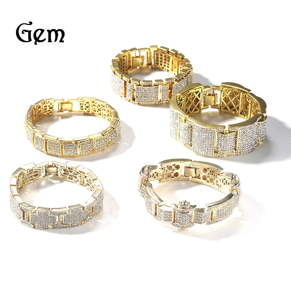 European and American cross-border hip-hop cool diamond-encrusted bracelet personalized trendy man exaggerated domineering alloy full diamond hand jewelry wholesale