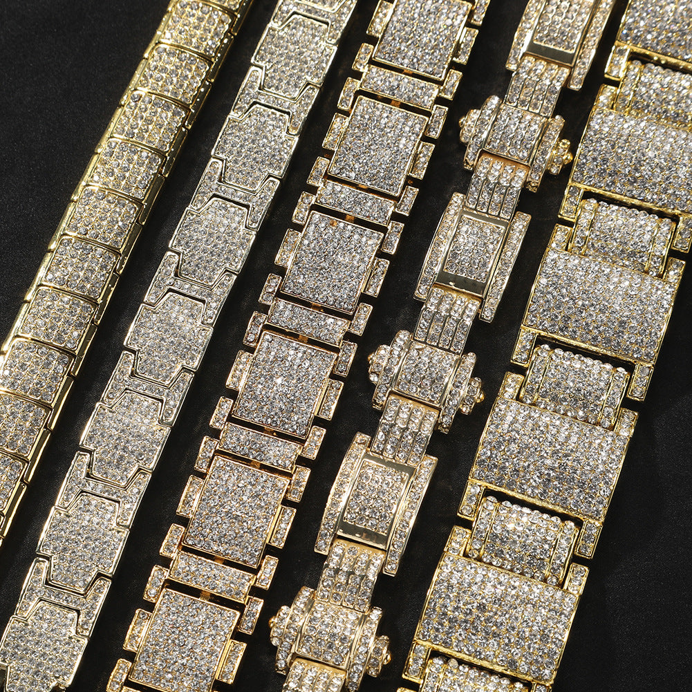 European and American cross-border hip-hop cool diamond-encrusted bracelet personalized trendy man exaggerated domineering alloy full diamond hand jewelry wholesale