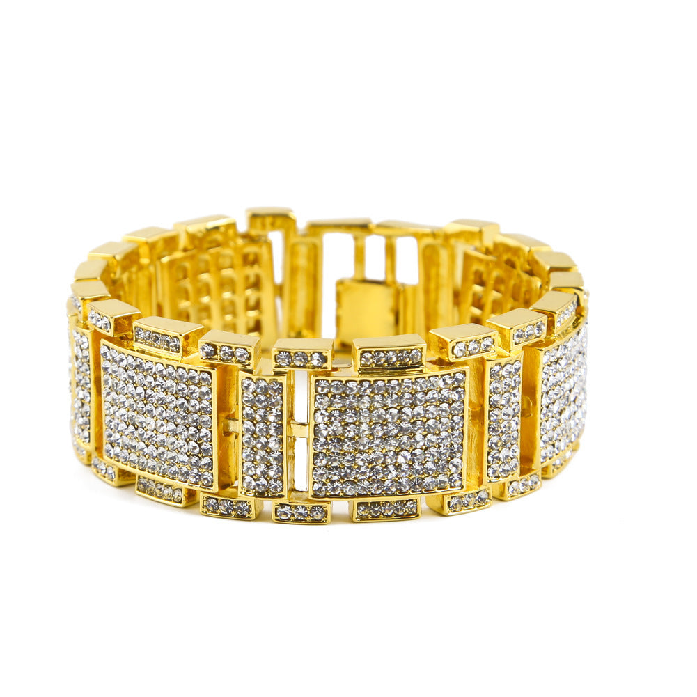 European and American cross-border hip-hop cool diamond-encrusted bracelet personalized trendy man exaggerated domineering alloy full diamond hand jewelry wholesale