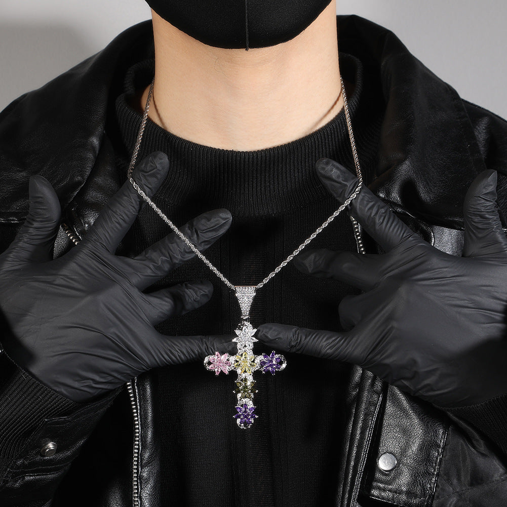 European and American ins style new color ice flower cross pendant fashion creative zircon pendant hip hop sweater chain
