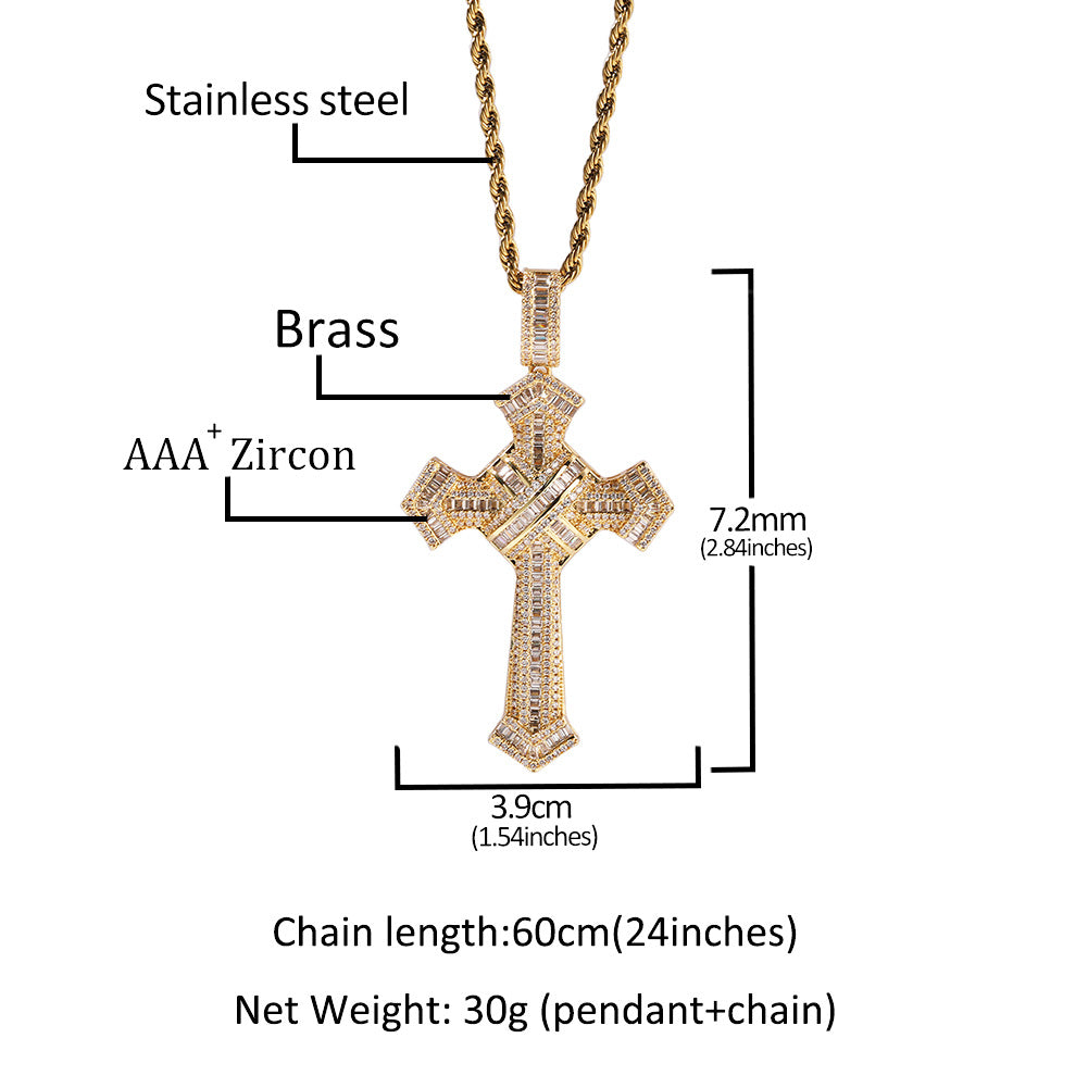 European and American hip-hop trendy brand cross pendant, copper inlaid zircon trendy men's necklace, simple personality cross-border jewelry