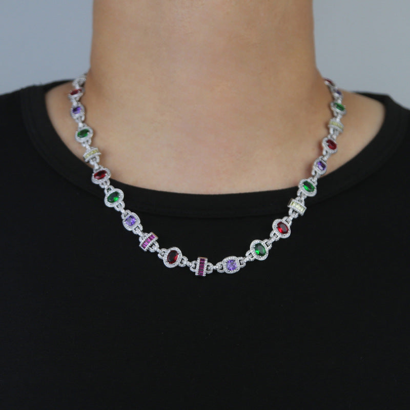 New hip hop 10mm oval square colored zircon necklace hiphop fashion trendy men inlaid zircon Cuban chain