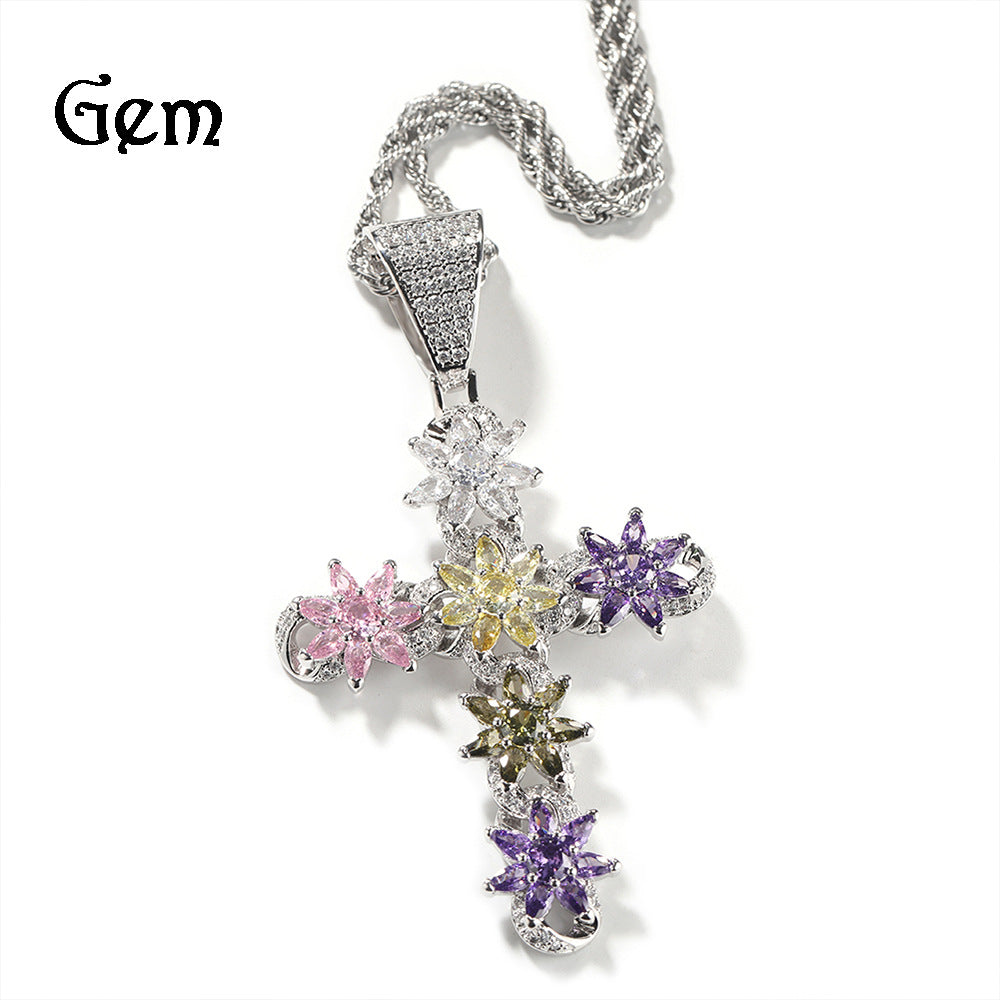European and American ins style new color ice flower cross pendant fashion creative zircon pendant hip hop sweater chain