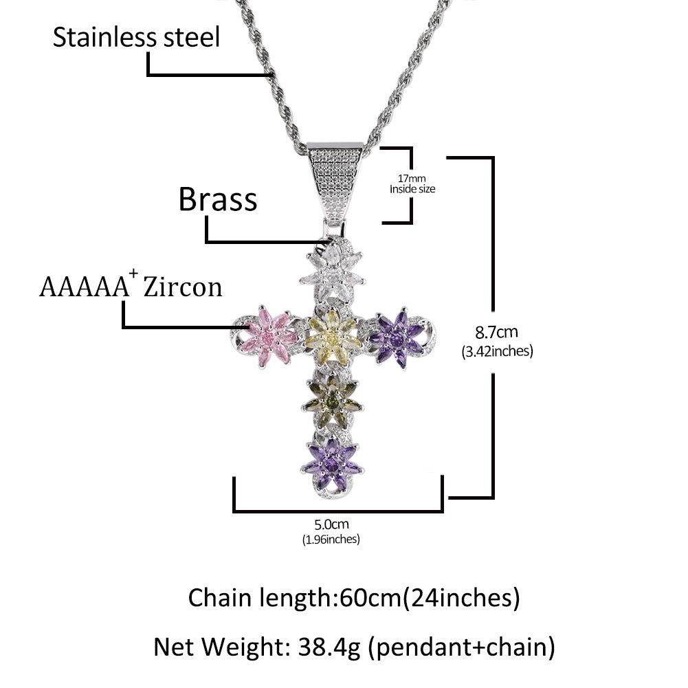European and American ins style new color ice flower cross pendant fashion creative zircon pendant hip hop sweater chain