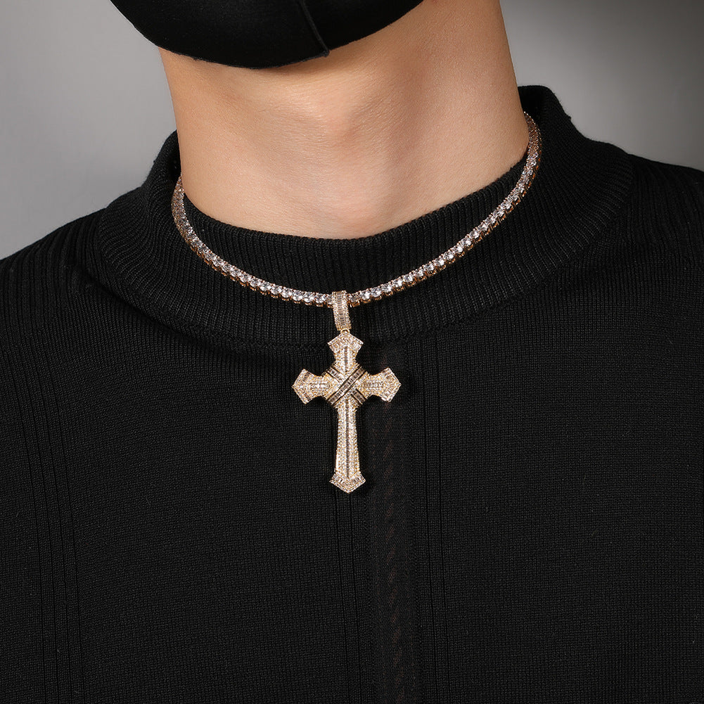 European and American hip-hop trendy brand cross pendant, copper inlaid zircon trendy men's necklace, simple personality cross-border jewelry