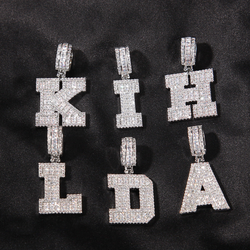 European and American cross-border new products full of diamonds, small square zirconium letter pendant, hip-hop trend fashion, men's and women's jewelry wholesale