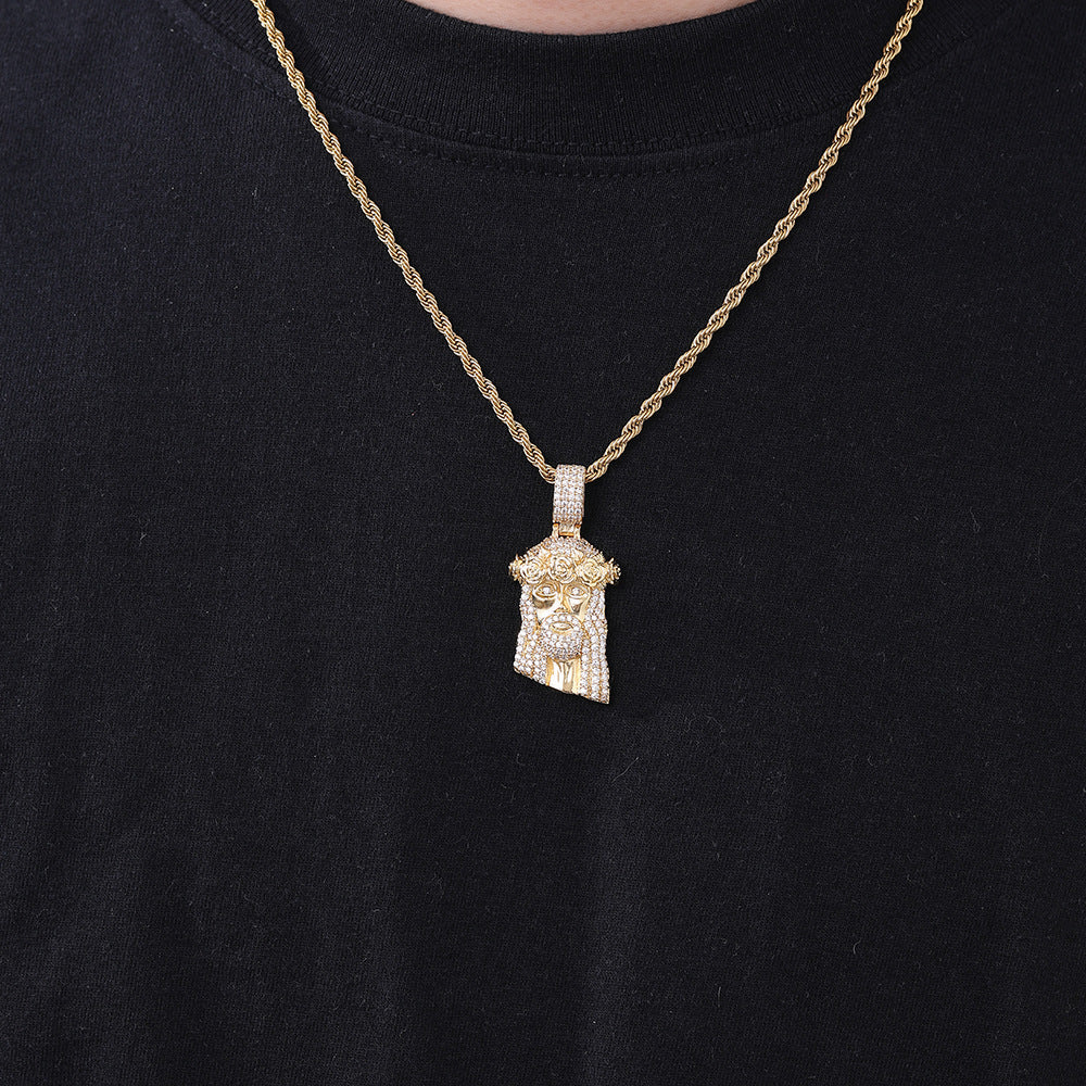 Personalized rose design European and American hip-hop people's avatar men's pendant street trend zircon pendant necklace