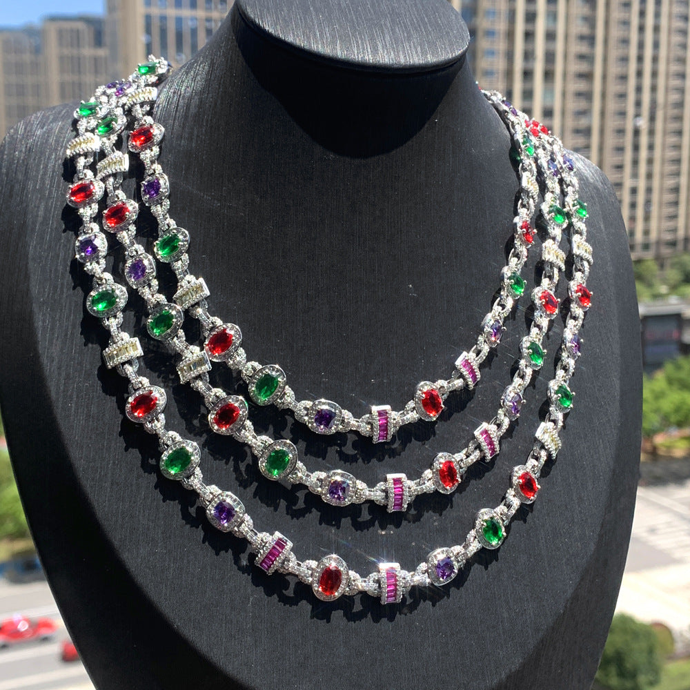 New hip hop 10mm oval square colored zircon necklace hiphop fashion trendy men inlaid zircon Cuban chain