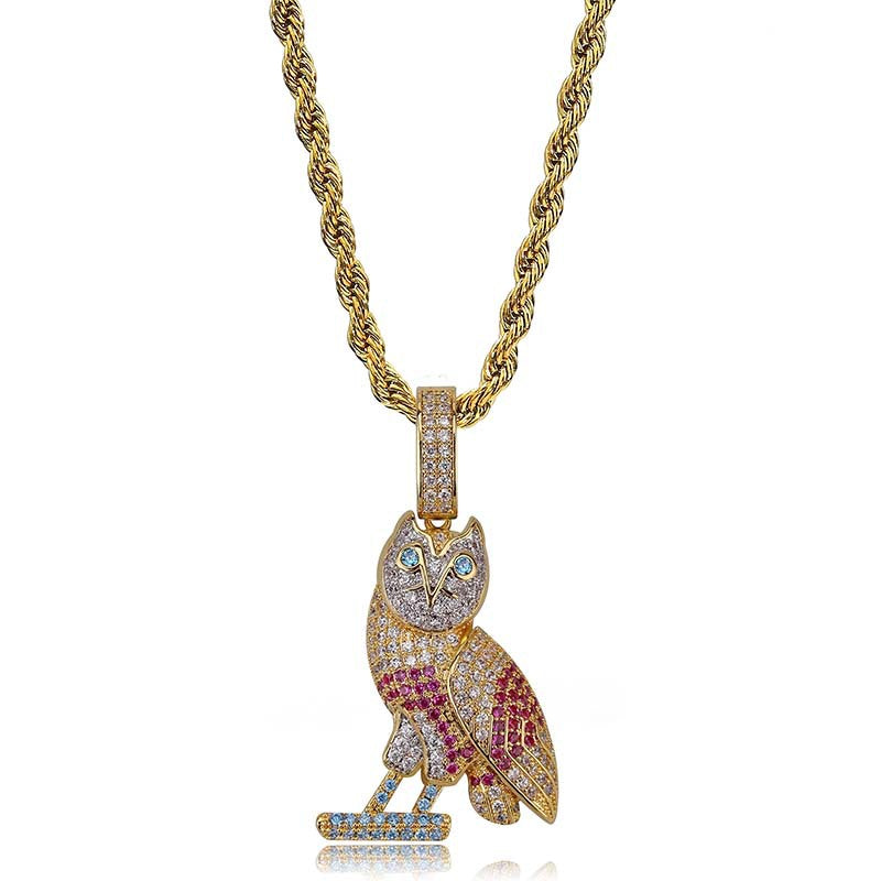 Owl owl pendant, European and American INS explosion full of zircon color hip-hop necklace accessories