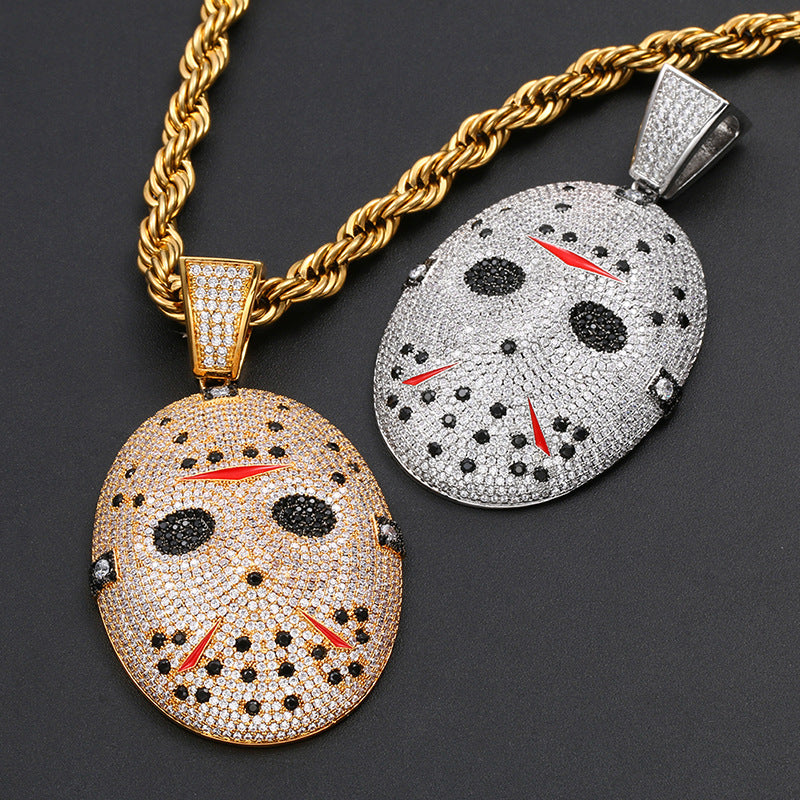 Cross-border Amazon hip-hop high-quality micro-inlaid zircon solid chainsaw horror mask pendant trend necklace jewelry