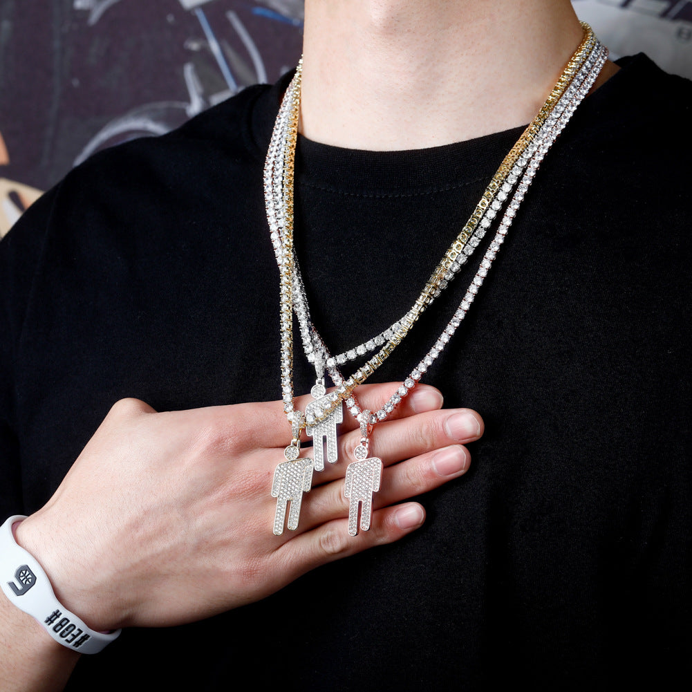 The European and American popular Billie Eilish has the same crooked head pendant full of zircon hipster men's and women's hip-hop necklace jewelry.