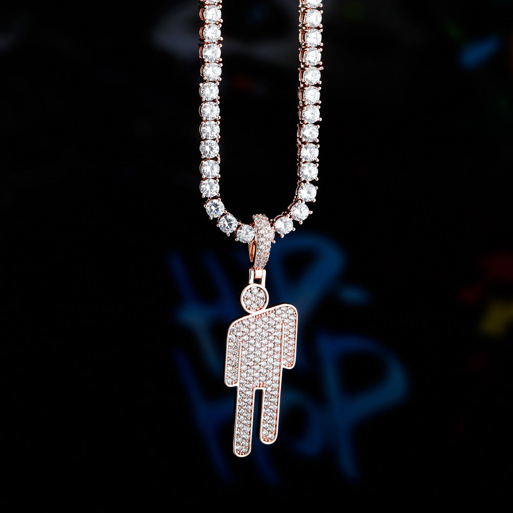 The European and American popular Billie Eilish has the same crooked head pendant full of zircon hipster men's and women's hip-hop necklace jewelry.
