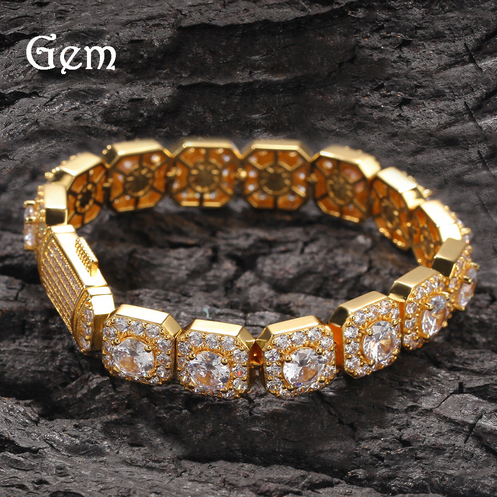 European and American hip hop bracelet high quality micro-inlaid zircon geometric 12.5mm rock sugar bracelet trend hiphop accessories