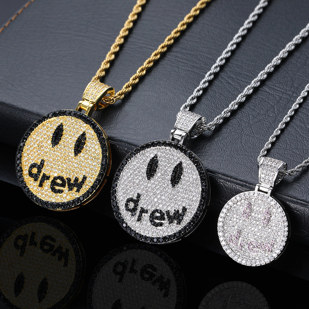 European and American hip hop drew smiley face pendant cross-border jewelry slightly inlaid zircon trendy brand men's necklace wholesale hip hop style
