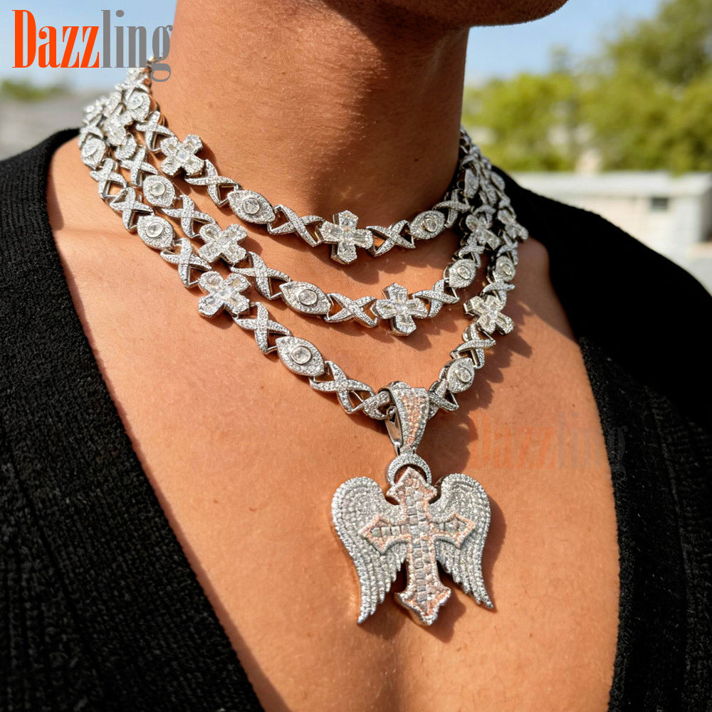 Foreign trade hip-hop new men's pendant hipster rap personality cross necklace versatile necklace set spot