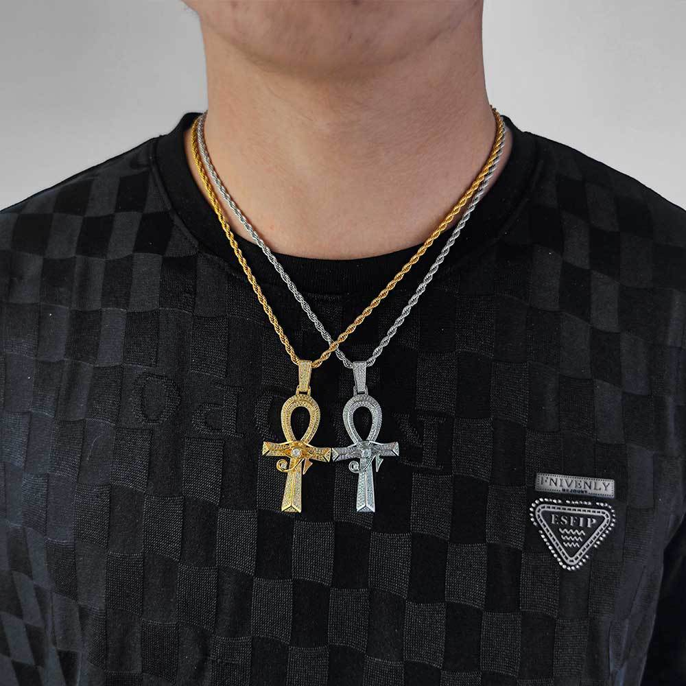 Cross-border European and American hip-hop Eye of Horus Anhe cross pendant slightly inlaid zircon retro personalized necklace accessories