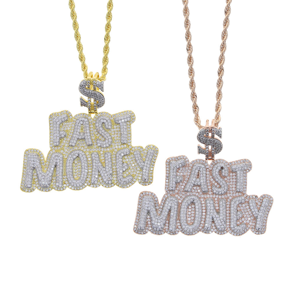 European and American Hip Hop Fast Money Letter Necklace Diamond Zircon Pendant Cuban Chain Fashion Jewelry Personalized Spot
