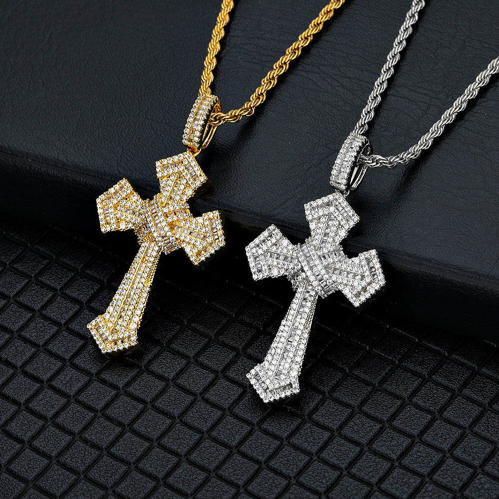 European and American cross-border hot-selling hip-hop mixed zircon cross pendant hipster men's and women's fashion personalized necklace accessories