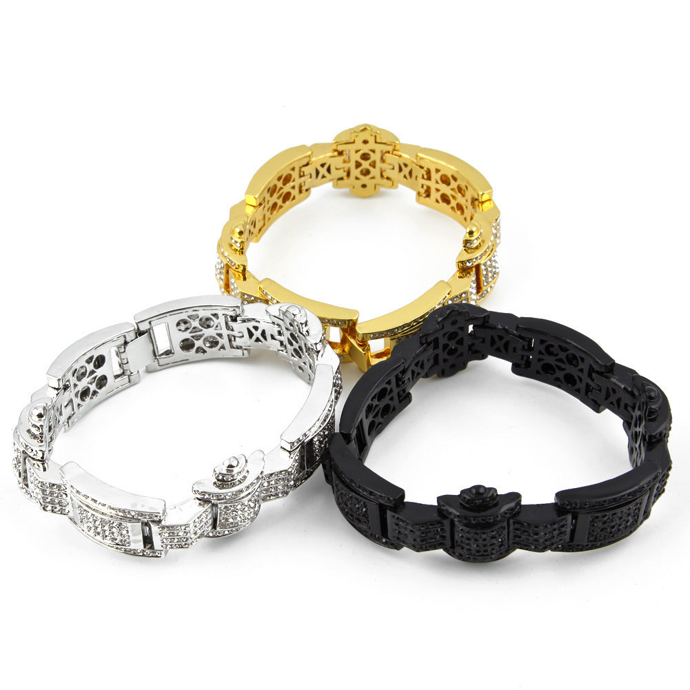 European and American cross-border hip-hop cool diamond-encrusted bracelet personalized trendy man exaggerated domineering alloy full diamond hand jewelry wholesale
