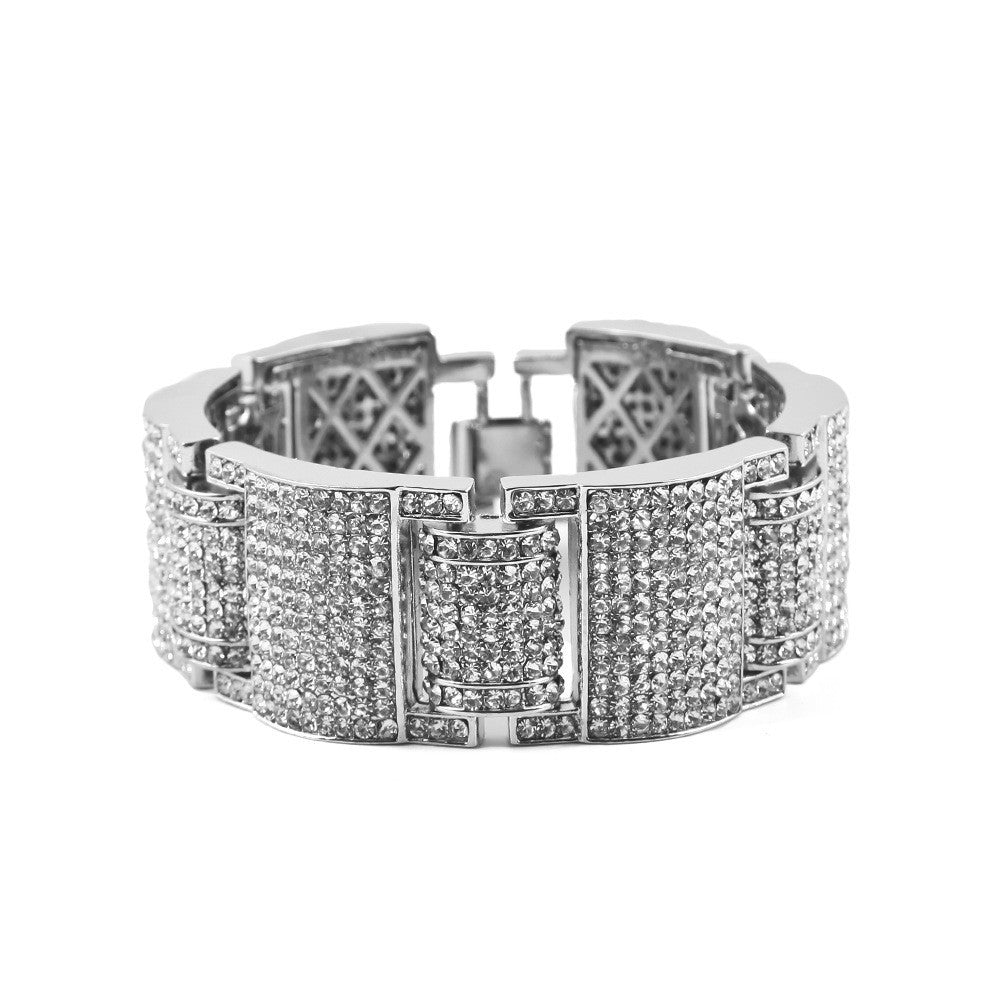 European and American cross-border hip-hop cool diamond-encrusted bracelet personalized trendy man exaggerated domineering alloy full diamond hand jewelry wholesale
