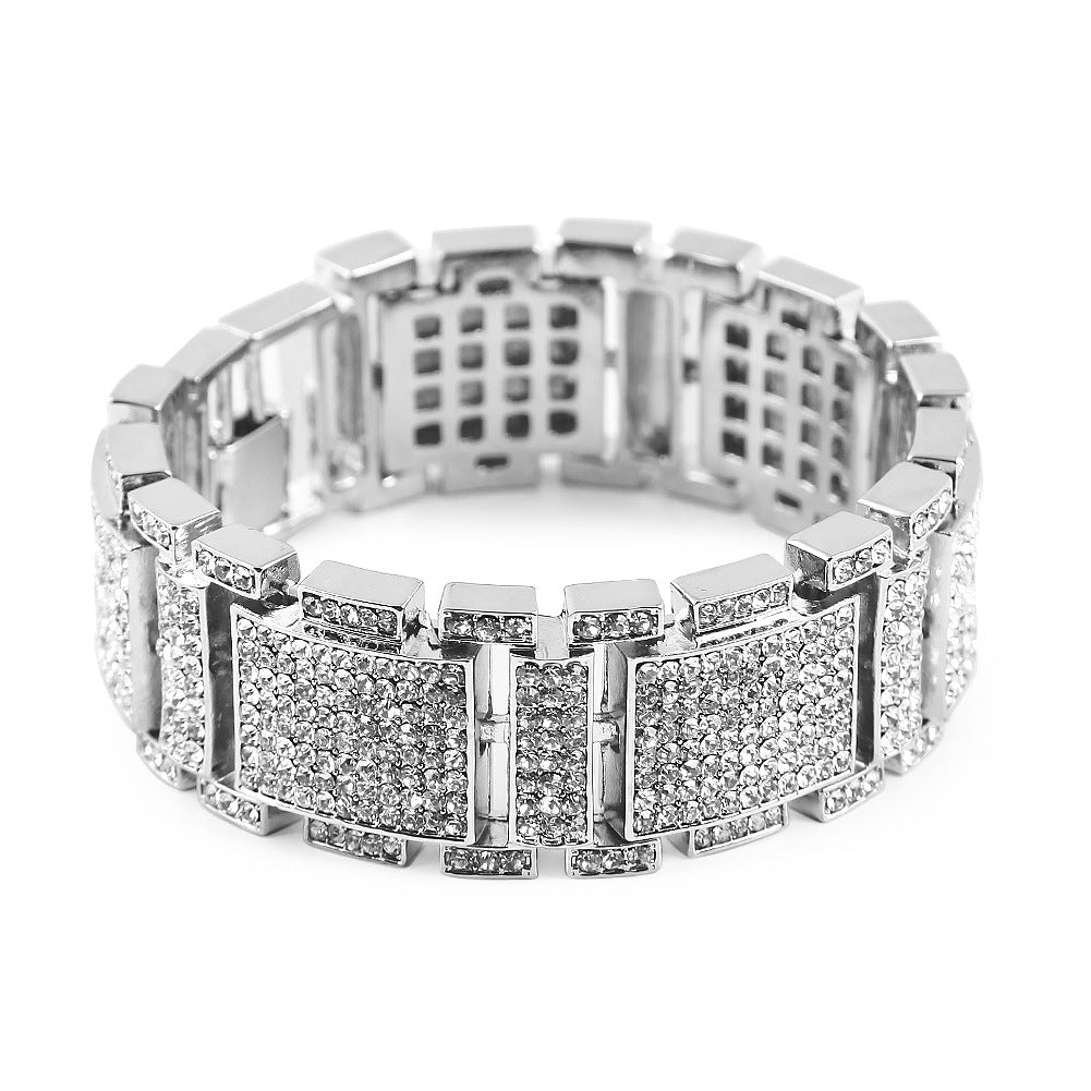 European and American cross-border hip-hop cool diamond-encrusted bracelet personalized trendy man exaggerated domineering alloy full diamond hand jewelry wholesale