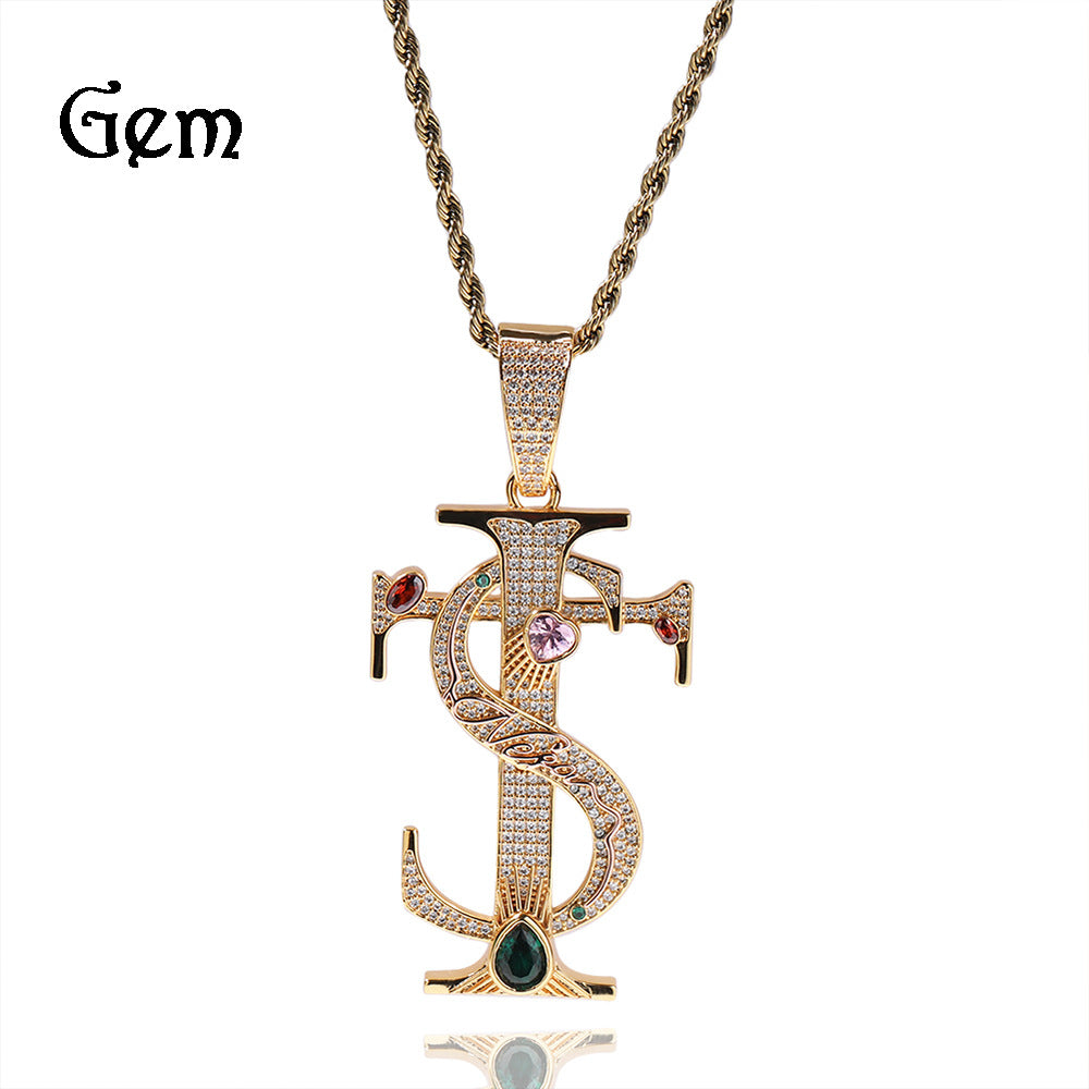 European and American fashion TS cross pendant necklace men's trendy versatile copper inlaid with colored zircon hip hop hipster same accessories