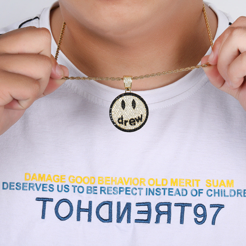 European and American hip hop drew smiley face pendant cross-border jewelry slightly inlaid zircon trendy brand men's necklace wholesale hip hop style