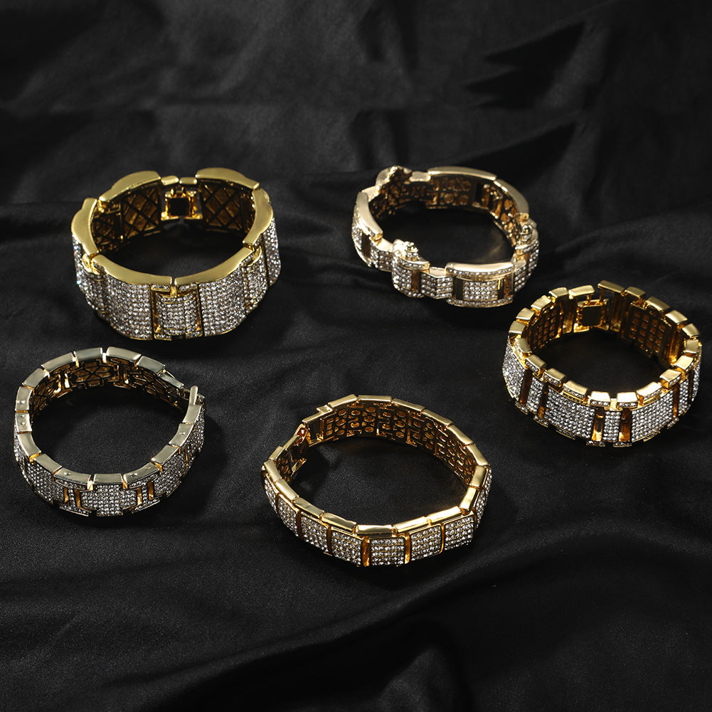 European and American cross-border hip-hop cool diamond-encrusted bracelet personalized trendy man exaggerated domineering alloy full diamond hand jewelry wholesale