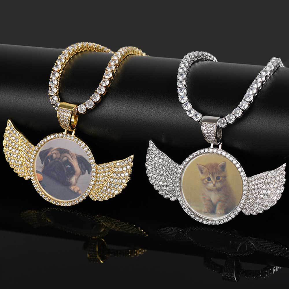 European and American hip hop memory angel wings round photo pendant copper inlaid zircon DIY creative photo frame necklace jewelry
