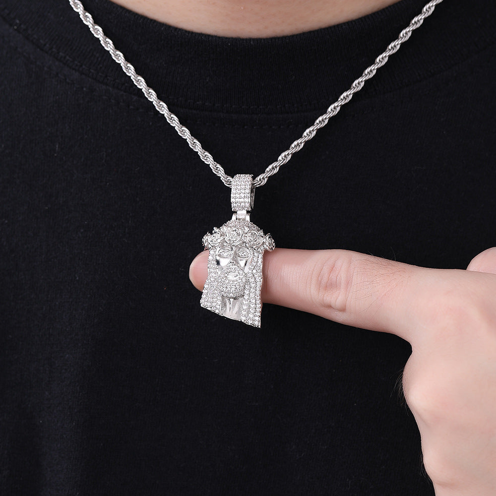 Personalized rose design European and American hip-hop people's avatar men's pendant street trend zircon pendant necklace