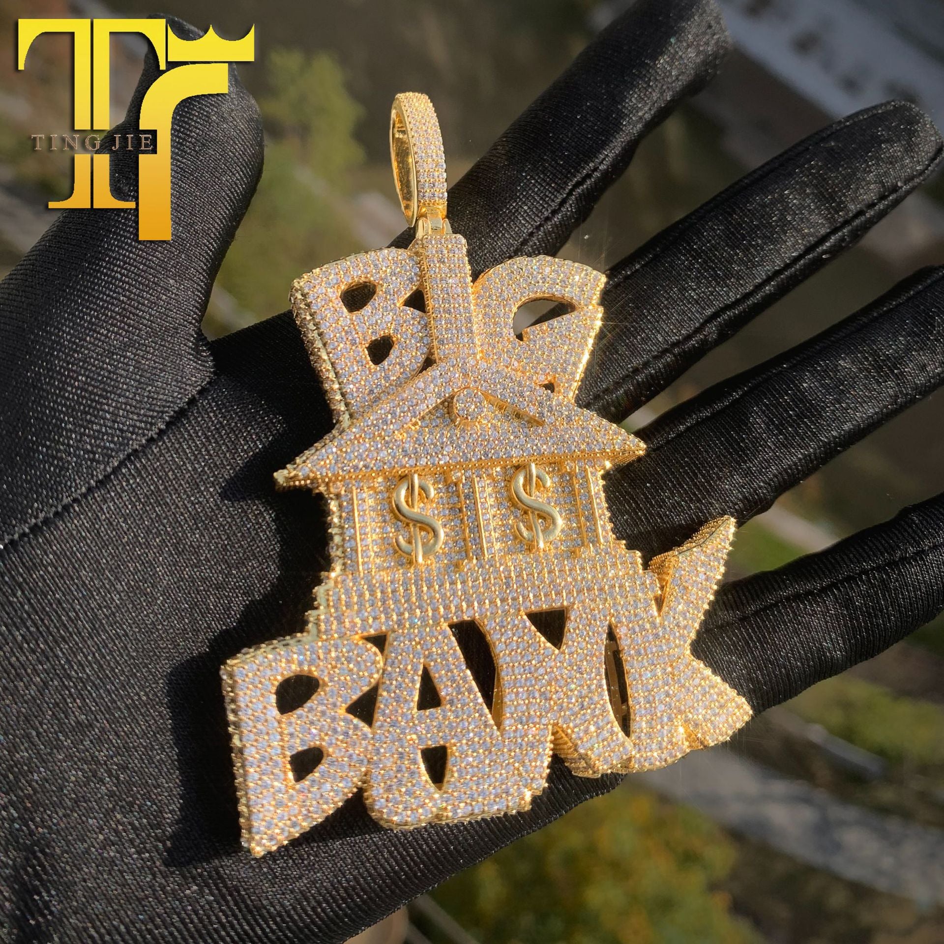 Listen to Jie Europe and America Hip Hop Big Bank Bank Pendant Copper Inlaid Zircon Personality ins Versatile Trend Pendant Accessories