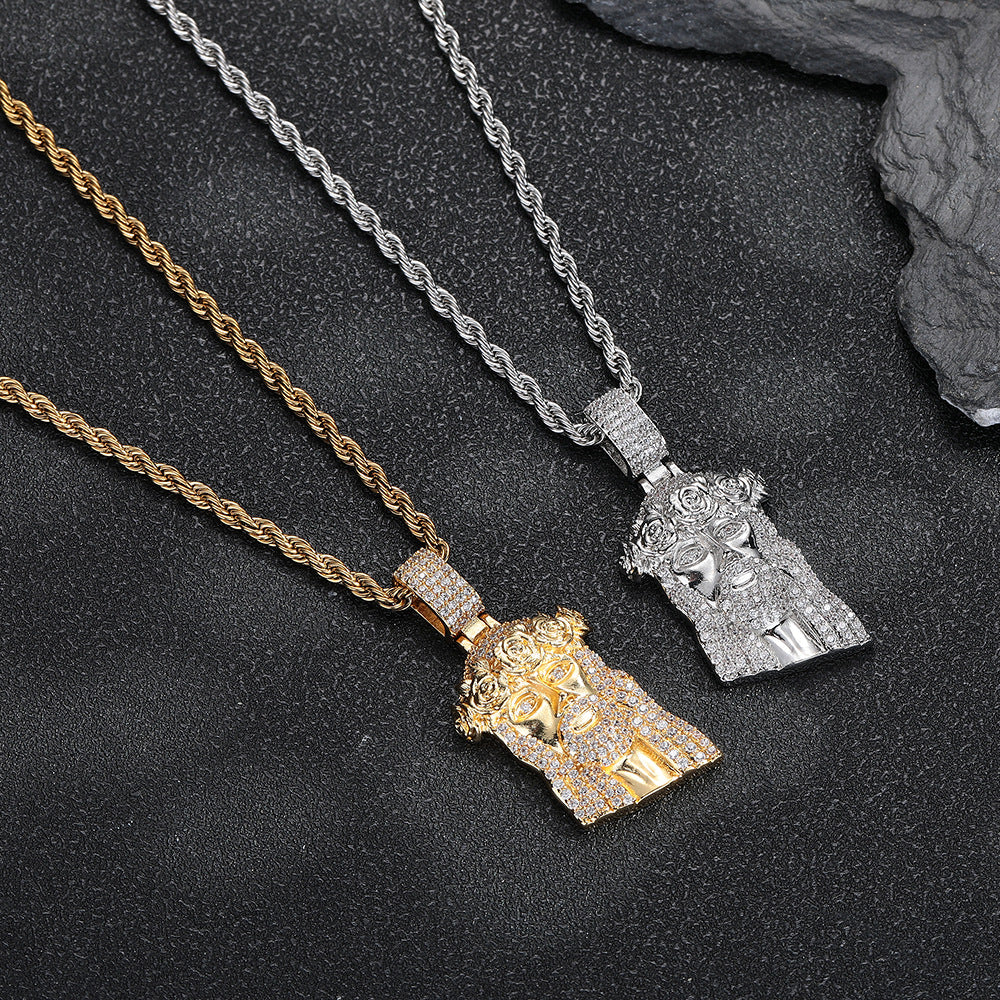 Personalized rose design European and American hip-hop people's avatar men's pendant street trend zircon pendant necklace