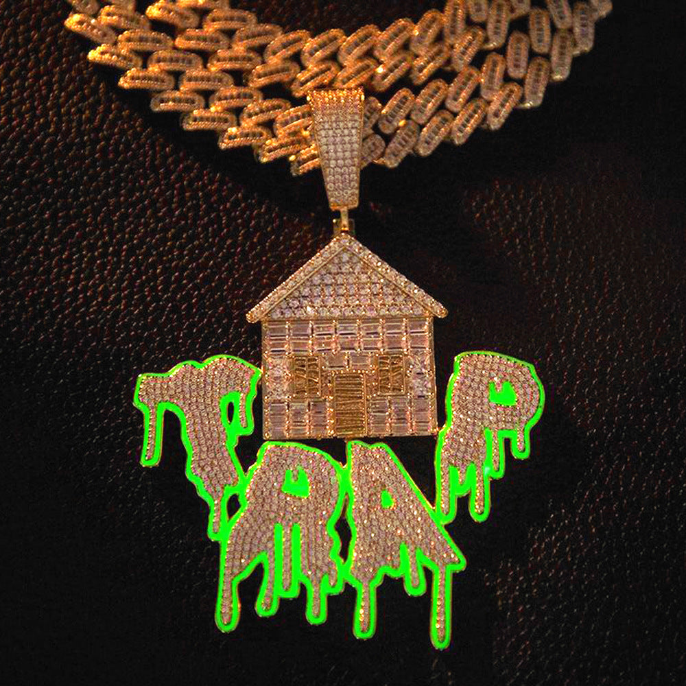 European and American cross-border new products Trap hip-hop pendant copper inlaid zircon ins personalized men's and women's luminous dripping oil pendant accessories