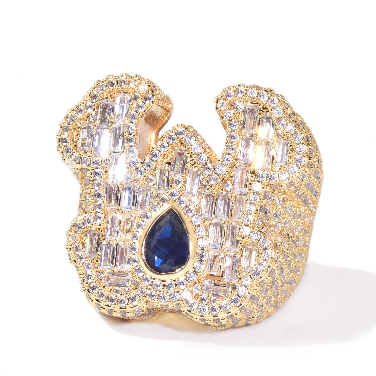 Listen to Jie European and American hip hop copper inlaid T square zircon ring men's personality fashion trend blue water drop letter ring