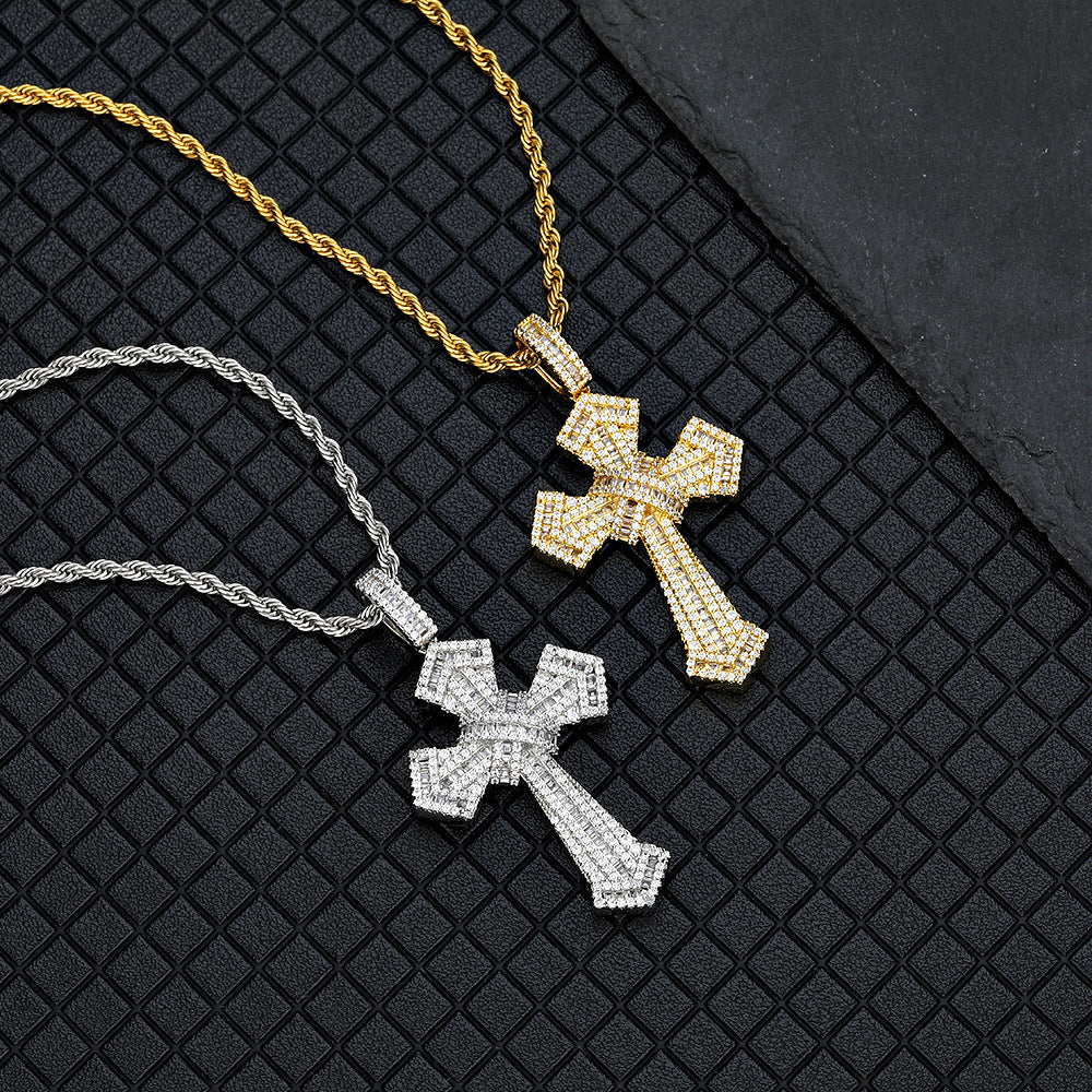 European and American cross-border hot-selling hip-hop mixed zircon cross pendant hipster men's and women's fashion personalized necklace accessories