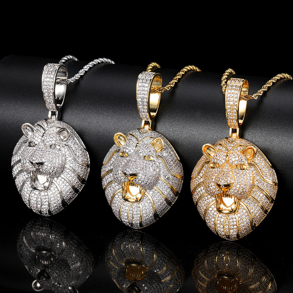 European and American hip hop micro-inlaid zircon solid lion head pendant real gold electroplated hipster hiphop men's necklace accessories