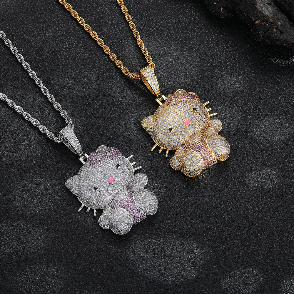 Cartoon style diamond-encrusted cute necklace European and American trendy cool pink bow cat pendant necklace women's jewelry pendant