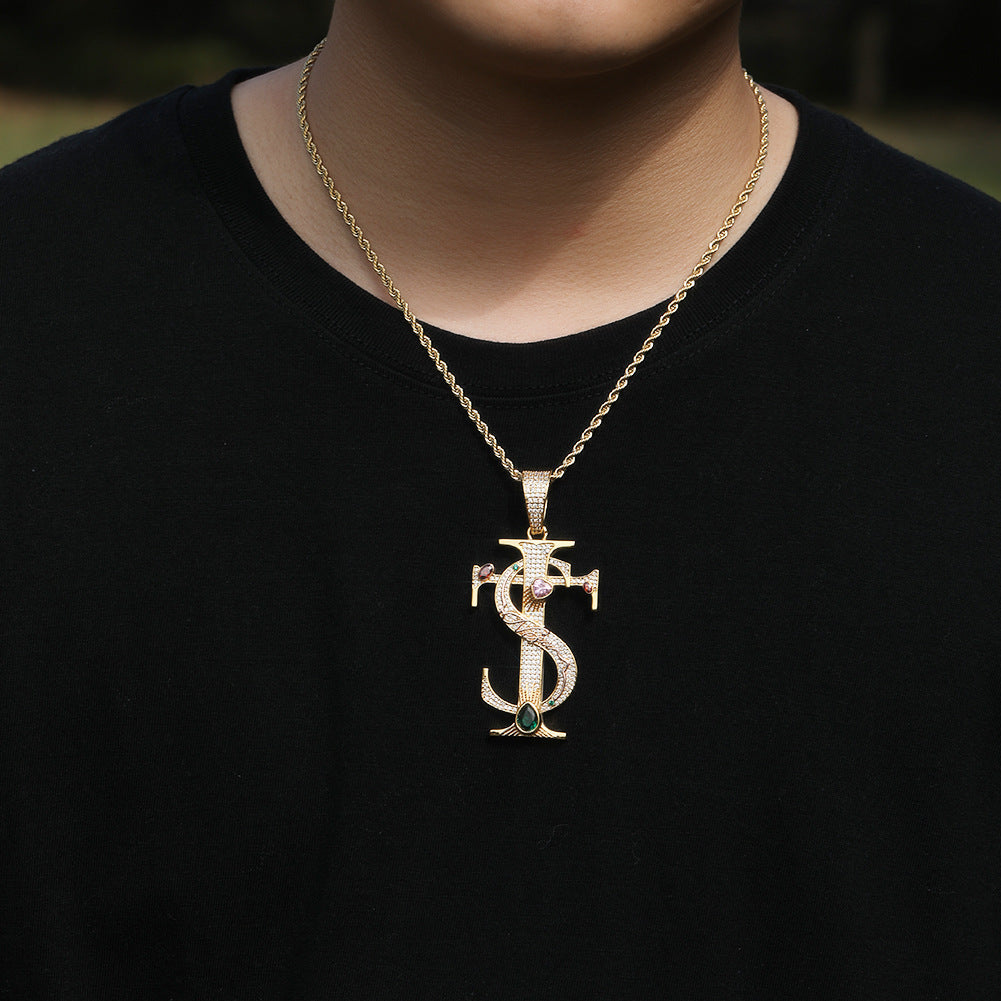 European and American fashion TS cross pendant necklace men's trendy versatile copper inlaid with colored zircon hip hop hipster same accessories