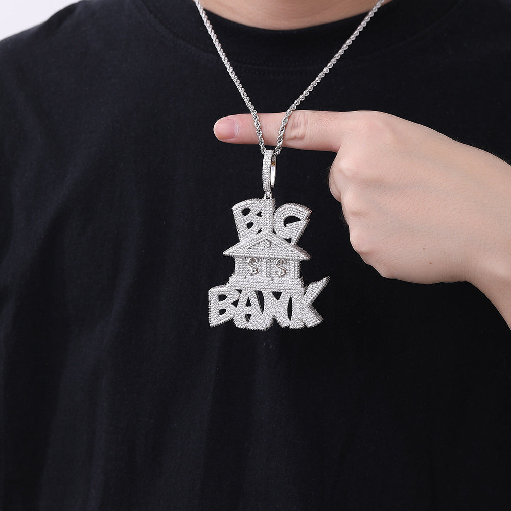 European and American hip hop full of diamonds micro-inlaid big bank pendant necklace BIG BANK men's and women's trend rap dollar accessories