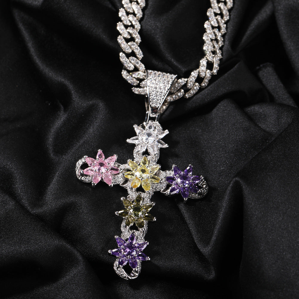 European and American ins style new color ice flower cross pendant fashion creative zircon pendant hip hop sweater chain