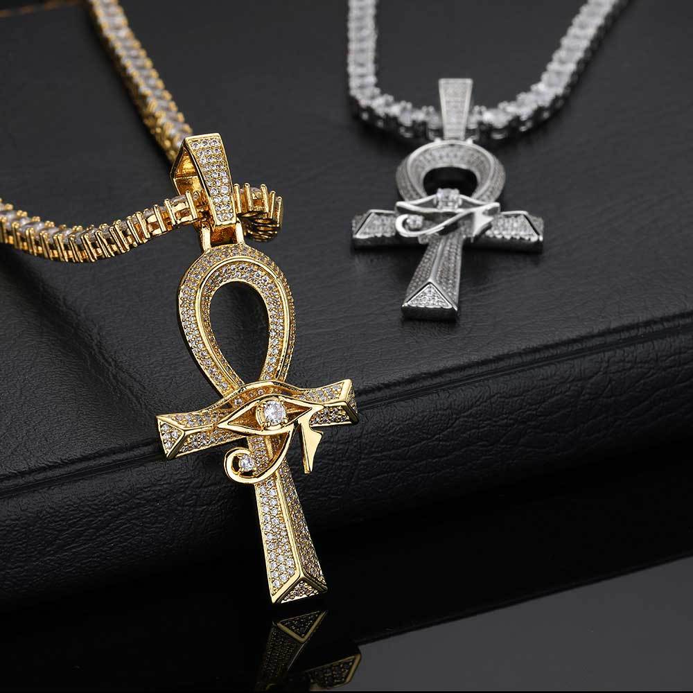 Cross-border European and American hip-hop Eye of Horus Anhe cross pendant slightly inlaid zircon retro personalized necklace accessories