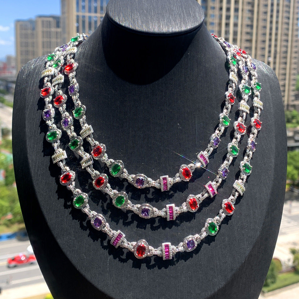 New hip hop 10mm oval square colored zircon necklace hiphop fashion trendy men inlaid zircon Cuban chain